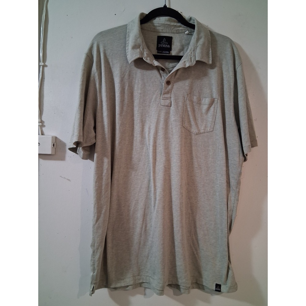 Prana Mens XL Short Sleeve Polo Shirt Light Gray Heather Jersey Chest Pocket